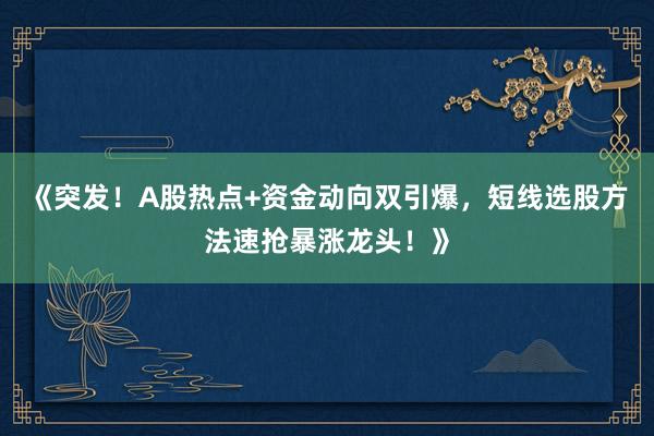《突发！A股热点+资金动向双引爆，短线选股方法速抢暴涨龙头！》